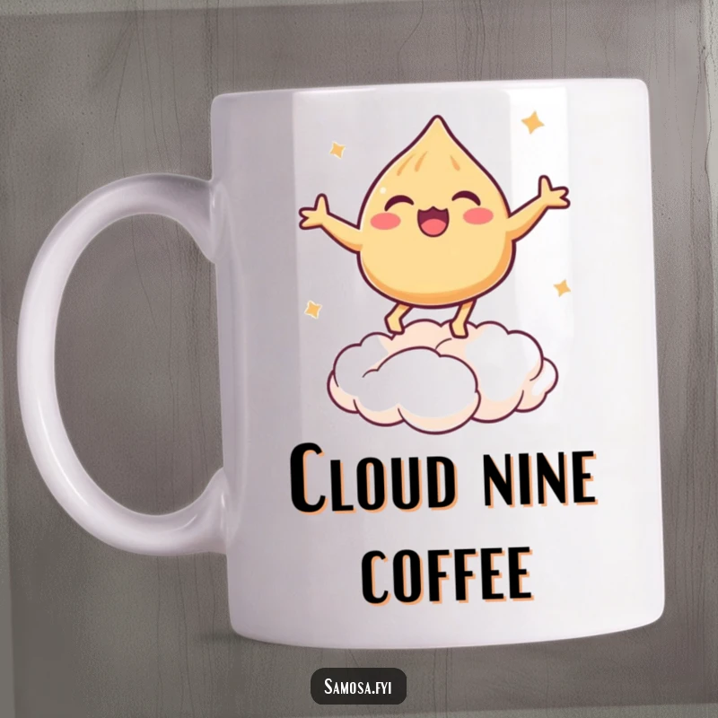 Funny mug featuring a delighted samosa bouncing on a puff pastry cloud, bringing joy.