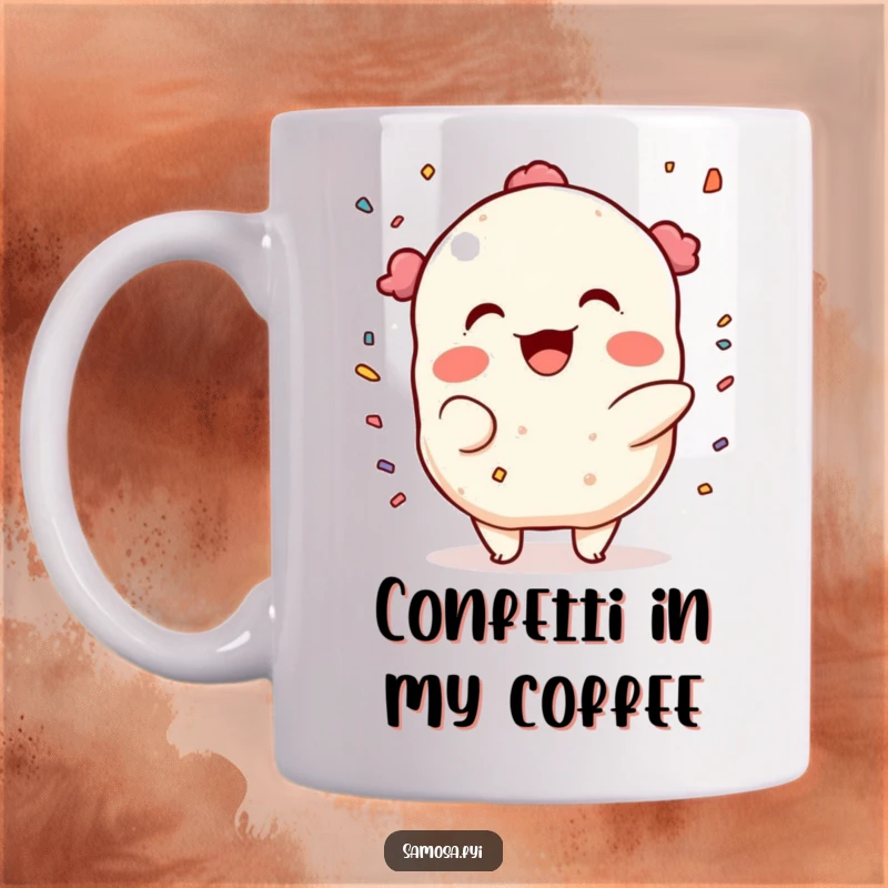 Funny Mug: A samosa character throwing colorful confetti with a wide, mischievous grin, spreading festive cheer.