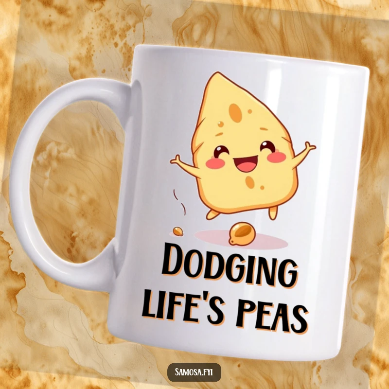 Funny Samosa Mug shows a cheerful samosa with a wide grin playfully dodging a falling chickpea, a humorous kitchen collectible.