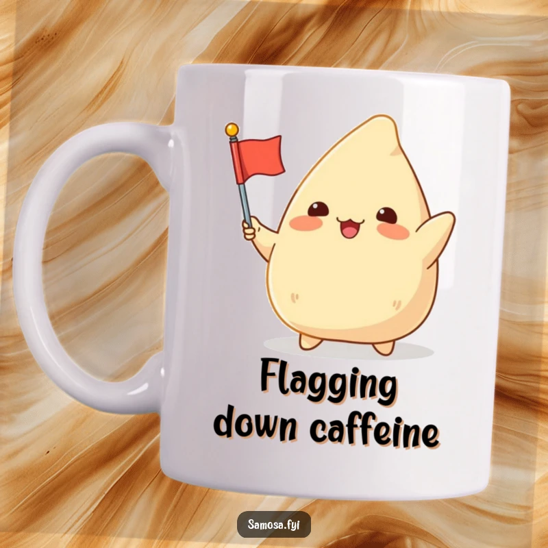 Funny Samosa Flag Mug: A chubby samosa character joyfully waving a small flag, embodying excitement and a proud, festive spirit.