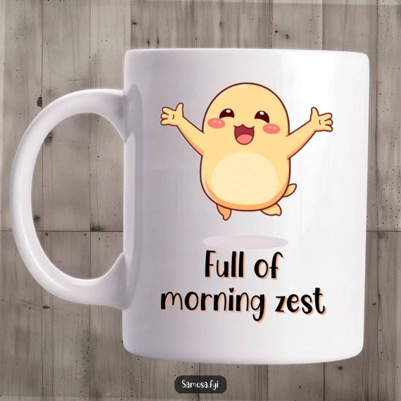 Funny happy samosa mug with arms outstretched, hopping with pure excitement and joy, a delightful culinary-themed humorous gift.