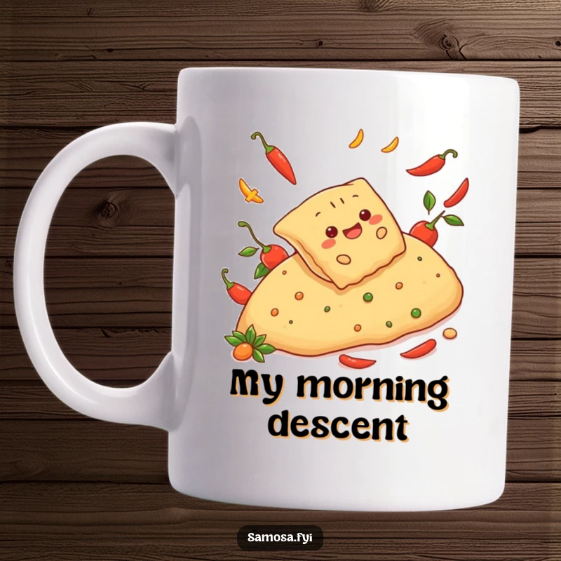 Funny cheerful samosa mug sliding down a spicy red pepper hill with a joyful expression, capturing a humorous, adventurous moment.