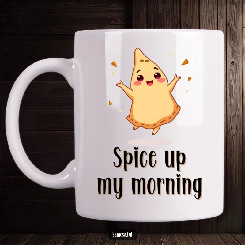 Funny mug featuring a dancing samosa with cumin, spinning joyfully, perfect for food lovers and gifting.