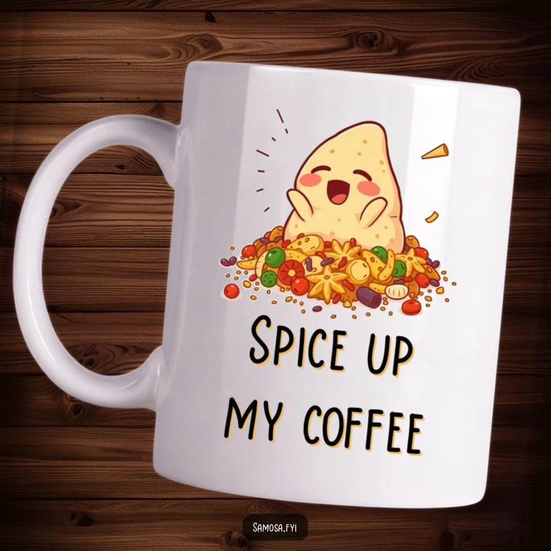 Funny samosa mug featuring a giggling samosa character comically falling into a pile of spices, creating a humorous and spicy scene, a gift for foodies.