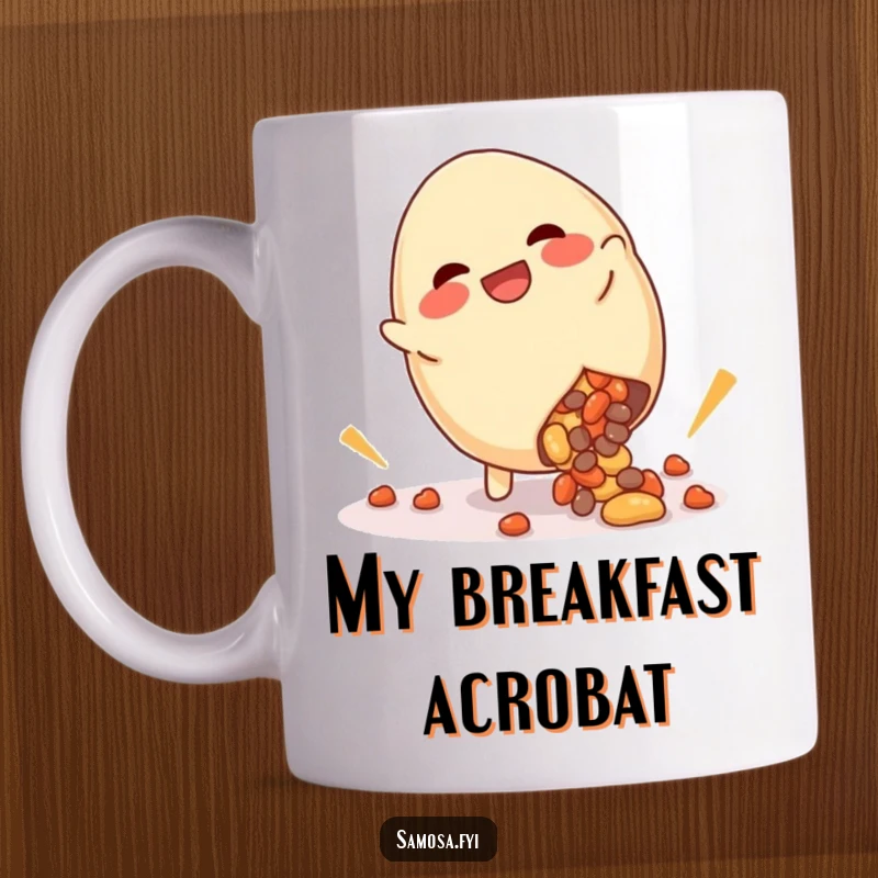 Funny giggling samosa mug doing a cartwheel with filling spilling out, capturing a moment of hilarious, messy fun.