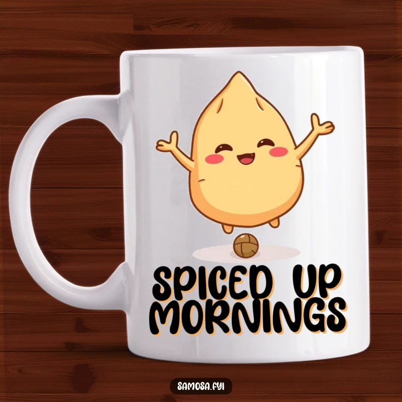Funny giggling samosa mug with a character bouncing a lentil like a ball, embodying playful Indian snack humor.