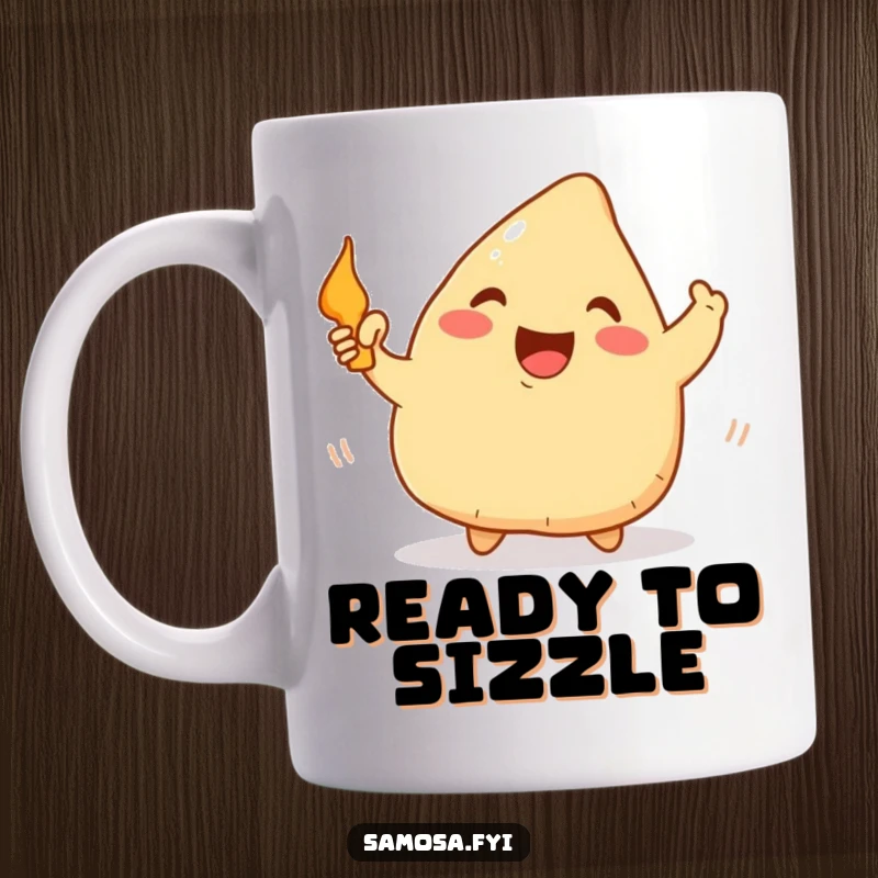 Funny Samosa Mug: A happy samosa enthusiastically waving a tiny frying pan, embodying kitchen fun and joy.