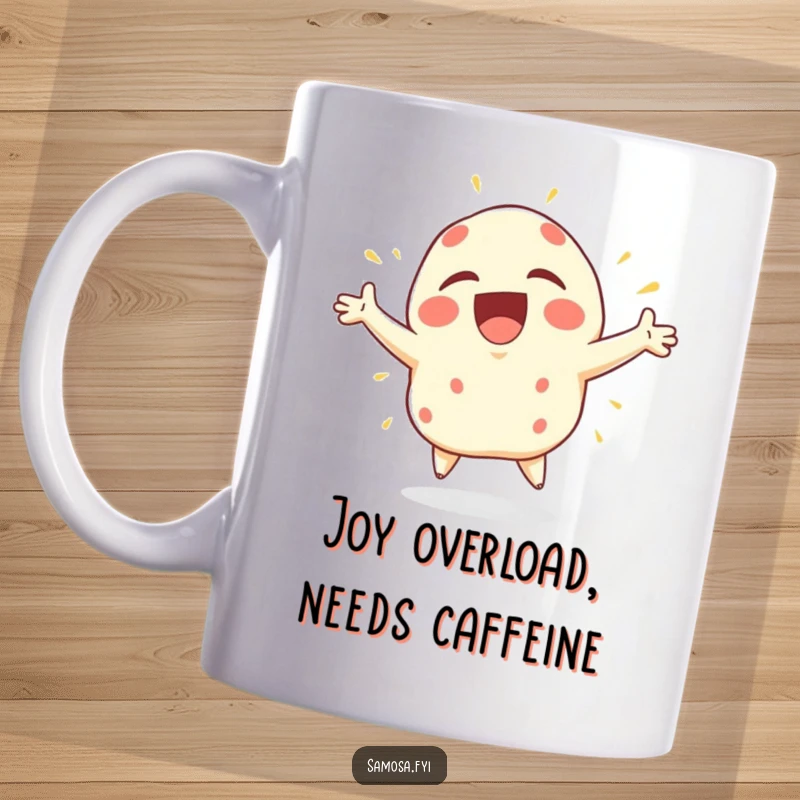 Funny Samosa Mug featuring a samosa character bursting with uncontrollable joy, arms flailing wildly in an ecstatic celebration.