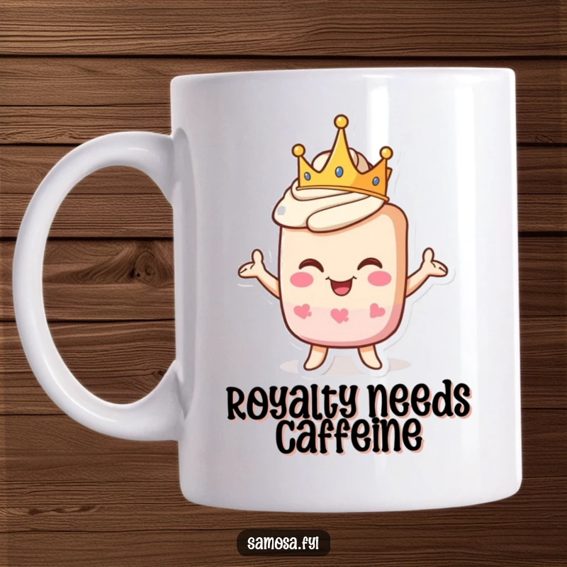 Funny mug featuring a pastry character wearing a crown and striking a proud, goofy pose, exuding charming arrogance.