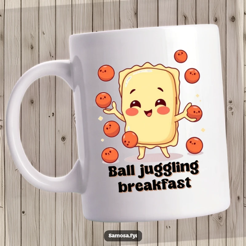 Funny ravioli character playfully juggling tiny meatballs on a mug, representing culinary fun and Italian spirit.