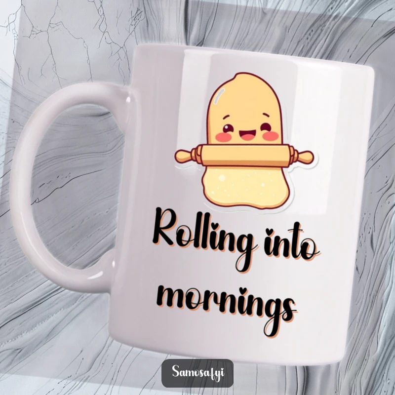 Funny Rolling Pin Mug shows a delighted rolling pin character rolling out a tiny sheet of dough with enthusiasm.