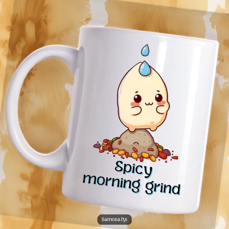 Funny samosa character with a sweat drop, struggling to balance on a small pile of spices, on a humorous mug.