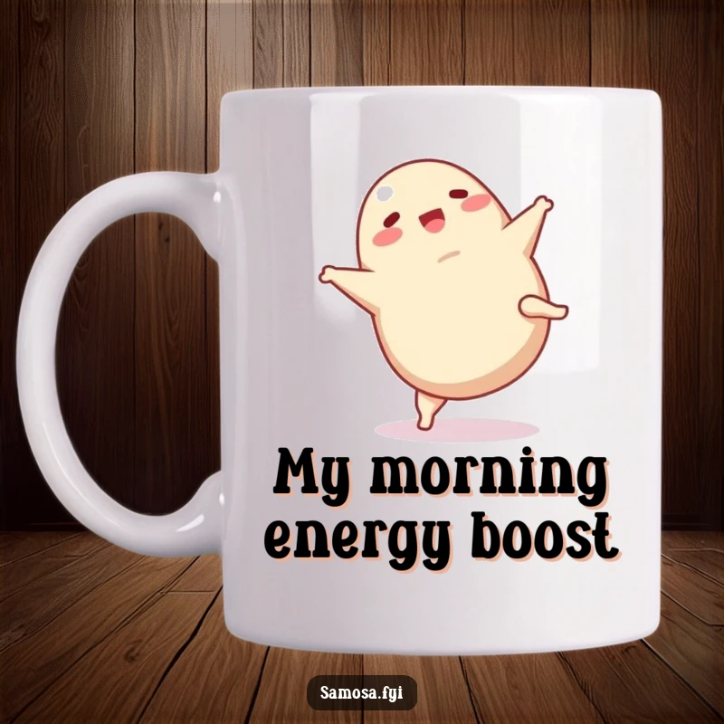 Funny Samosa Mug: Comical cartwheeling samosa with legs, full of joy and playful energy, a delightful sight.