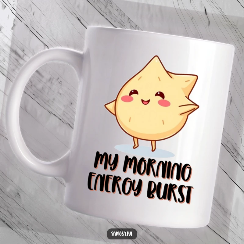 Funny mug showing a smiling samosa character with tiny legs doing a cartwheel, its triangular corners in delightful motion.
