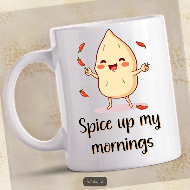 Funny Samosa Mug: Smiling samosa character energetically juggling spicy red chili peppers, a playful and hilarious scene.