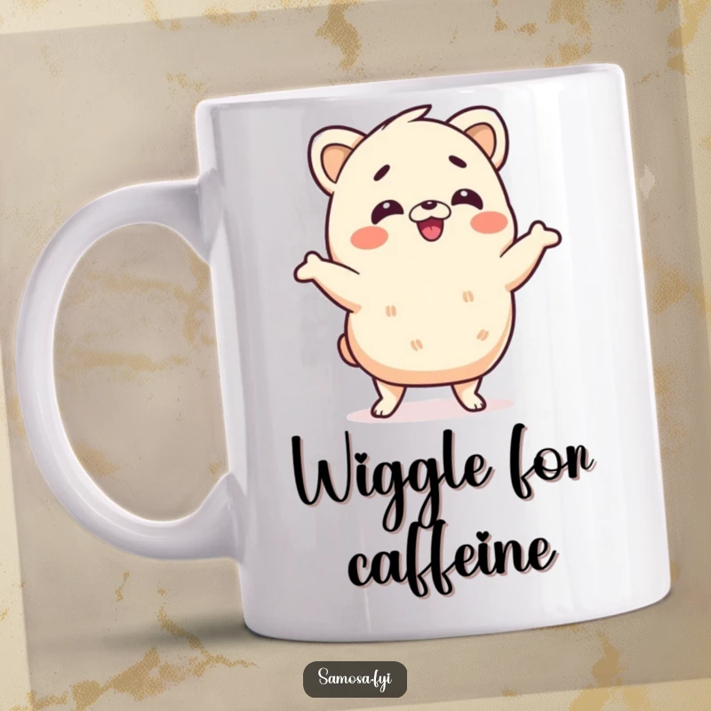 Funny samosa mug featuring a samosa character doing a silly wiggle dance with joyful abandon, a humorous gift for food and dance lovers.