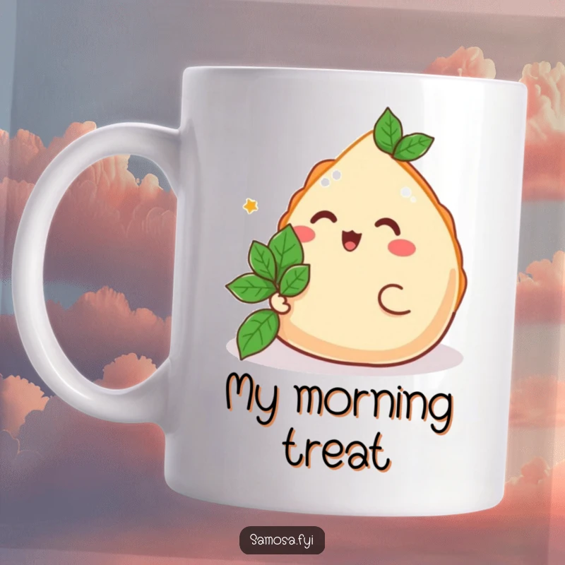 Funny Samosa Gift Mug showing a happy samosa offering a mint leaf, a gesture of kindness and humor for a funny gift.