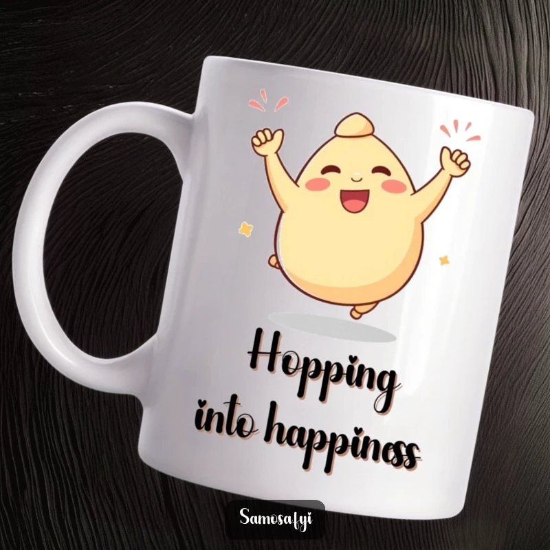 Funny samosa mug featuring a plump samosa character performing a joyful, victorious celebratory hop, expressing pure delight.