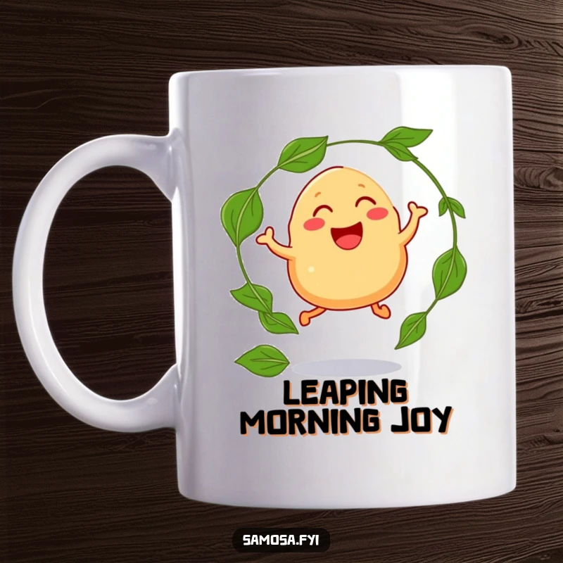 Funny mug featuring a laughing samosa with legs, joyfully jumping through a hoop made of fresh curry leaves.