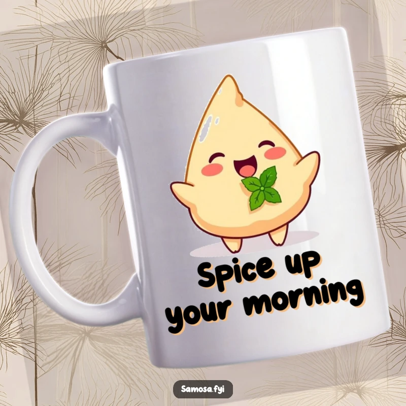 Funny mug showcasing a happy, golden-brown samosa offering a small, fresh mint leaf as a thoughtful gift.