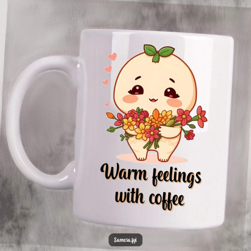 Funny samosa character mug, blushing sweetly and holding a bouquet of spice flowers, conveying warmth and affection.