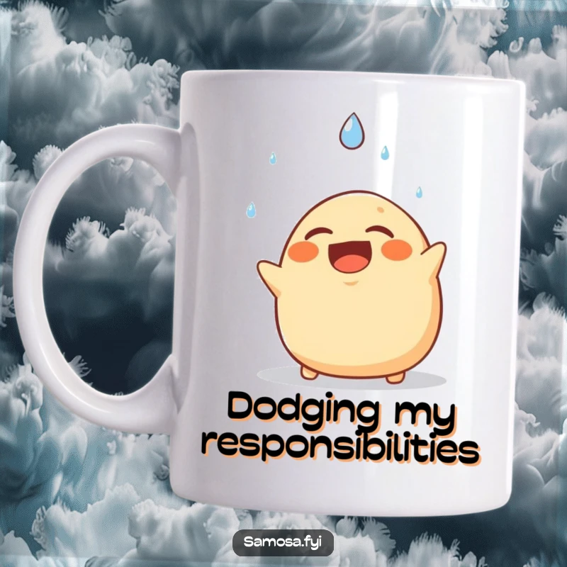 Funny mug featuring a laughing samosa comically dodging a falling raindrop, showcasing its quick reflexes and humorous personality.