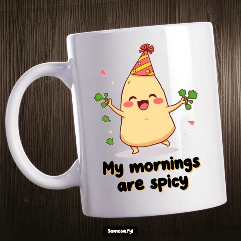 Funny Samosa Mug depicts a delighted samosa in a party hat comically tripping while juggling cilantro, a hilarious scene for any kitchen.