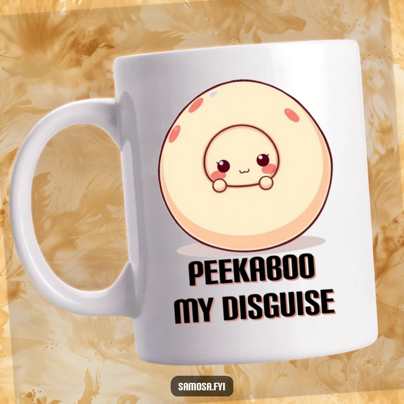 Funny mug featuring a cute samosa character peeking playfully from behind a large, wobbly ball, expressing surprise and joy.