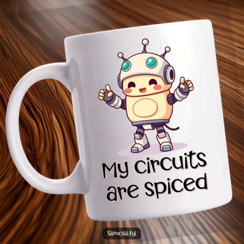 Funny Mug featuring a samosa character cheerfully performing a stiff robot dance, spreading laughter and snacky joy.