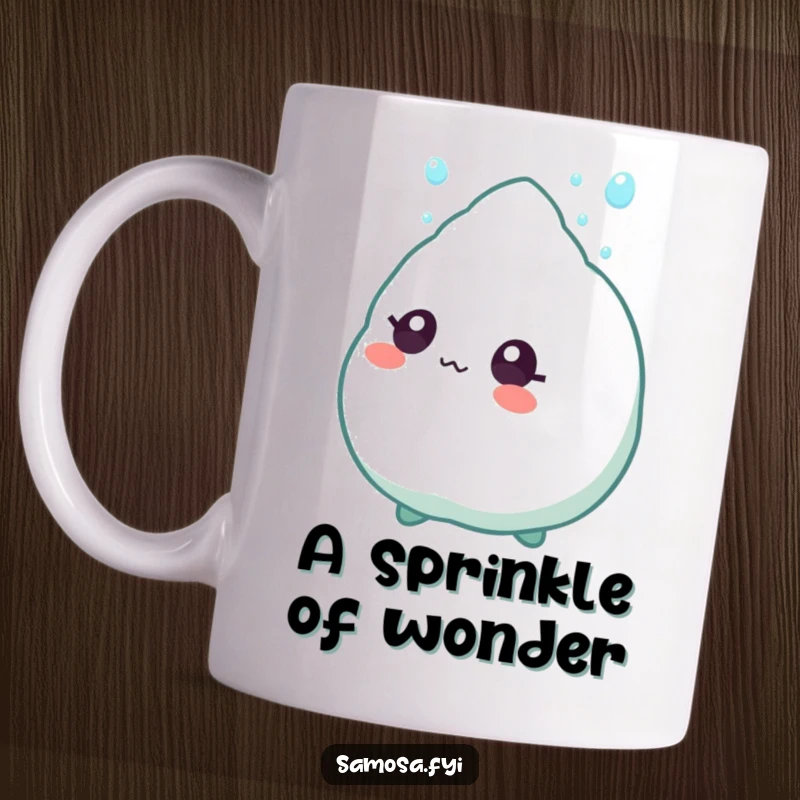 Funny Mug showing a samosa character with wide eyes, looking up in awe at a single falling sprinkle.