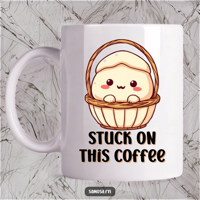 Funny Mug: A samosa character comically wedged and stuck inside a small, tight basket, looking slightly panicked but amusing.