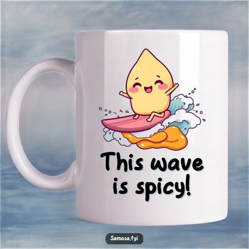 Funny samosa character giggling while surfing a sweet chutney wave, depicted on a coffee mug, perfect for food lovers.