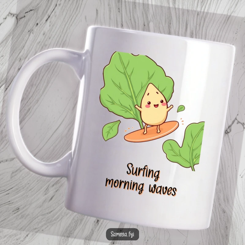 Funny mug featuring a happy samosa with tiny legs, cheerfully surfing on a giant spinach leaf with a big smile.
