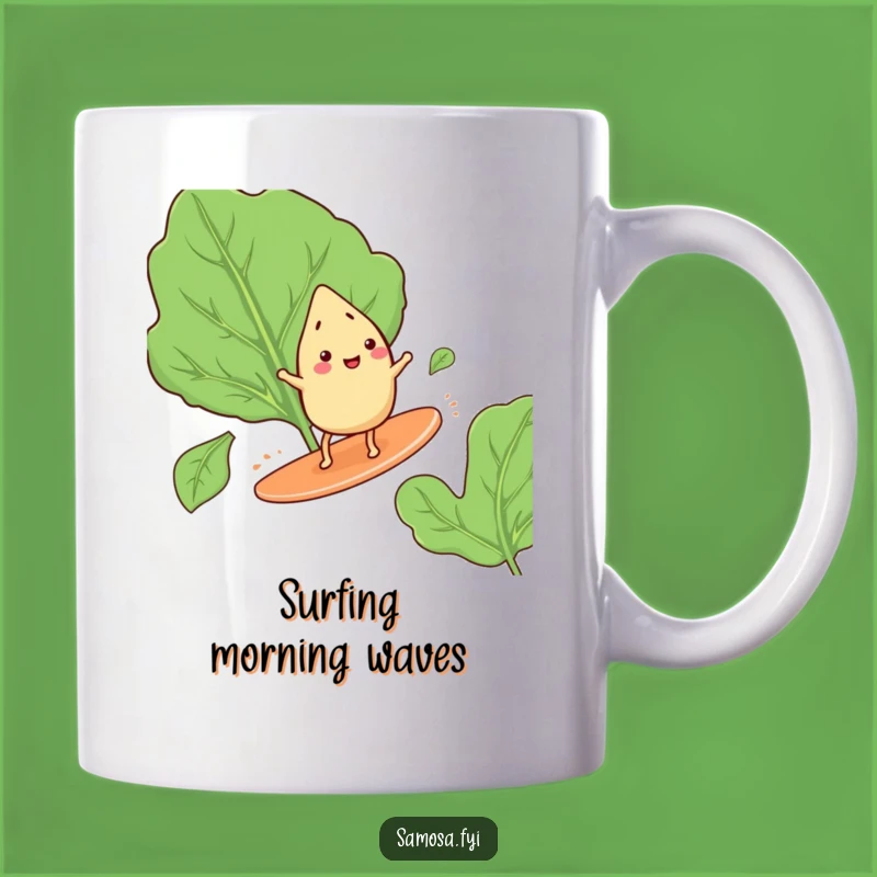 Funny Samosa Surfing Mug: Leaf Adventure Character Funny Gift