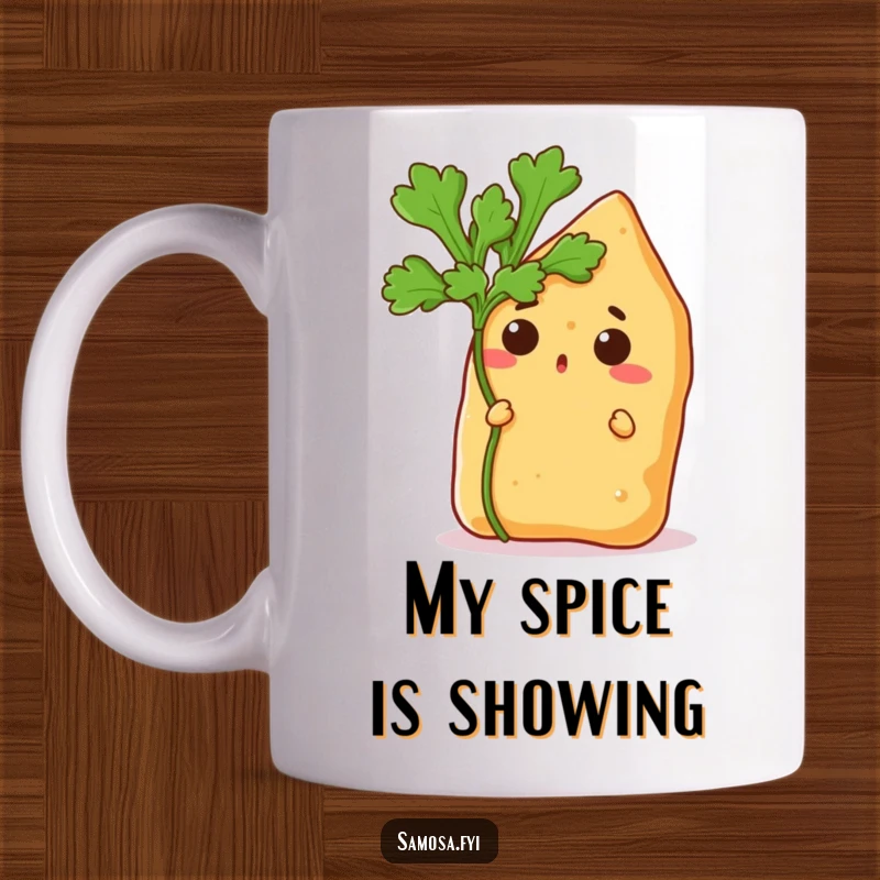 Funny mug featuring a shocked samosa boldly peeking from behind a fresh green coriander leaf, anticipating a tasty surprise.