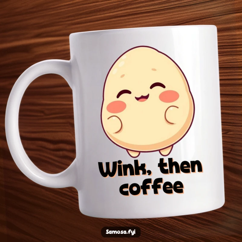 Funny mug featuring a blushing samosa with a cheeky grin, playfully winking with one eye, exuding charm.