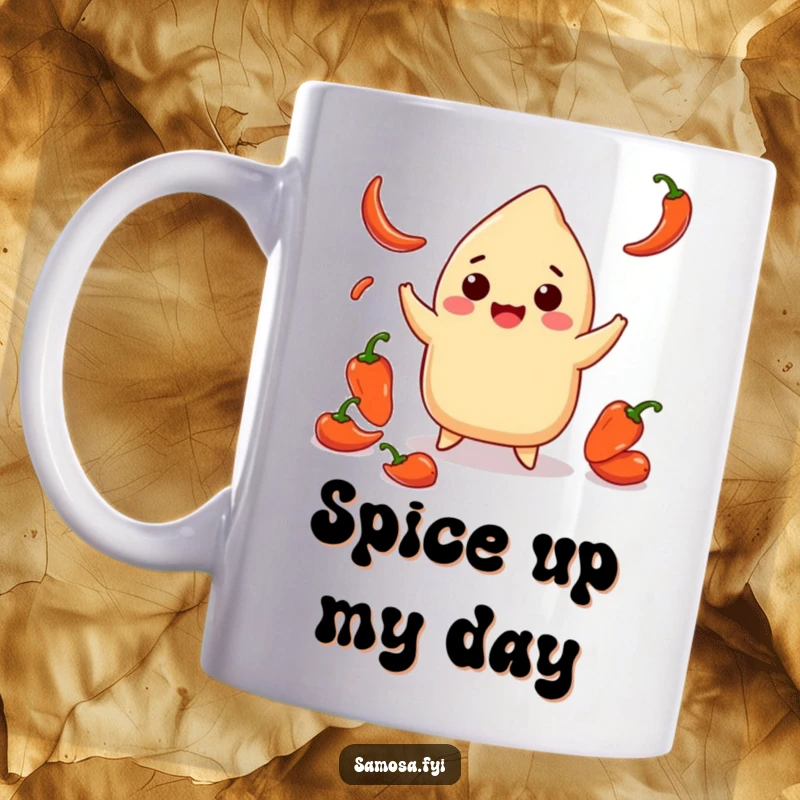 Funny smiling samosa mug juggling tiny red chili peppers with a playful expression, adding a humorous and spicy touch.