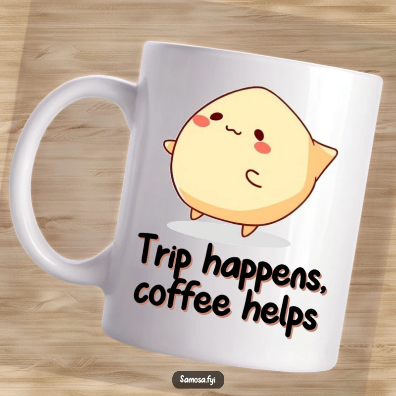 Funny Samosa Mug featuring a samosa character comically tripping over its own folded edges, showcasing a moment of hilarious clumsiness.