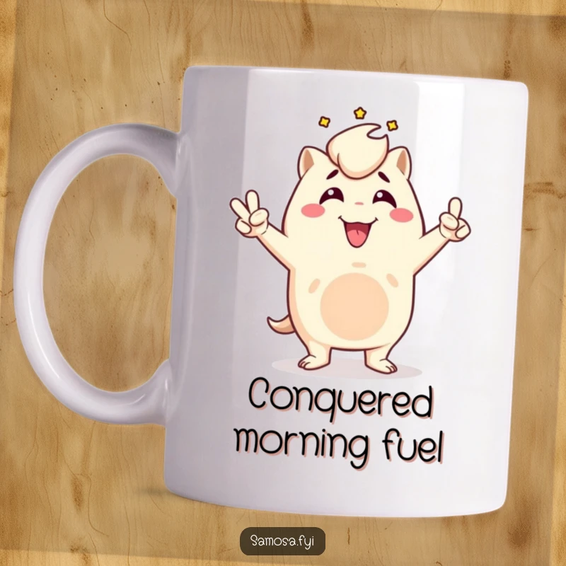 Funny samosa mug featuring a triumphant samosa character striking a victory pose, exuding confidence and celebration, a humorous gift for winners.