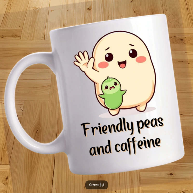 Funny Samosa Mug showing a samosa excitedly waving hello to a tiny pea, a heartwarming and humorous interaction.