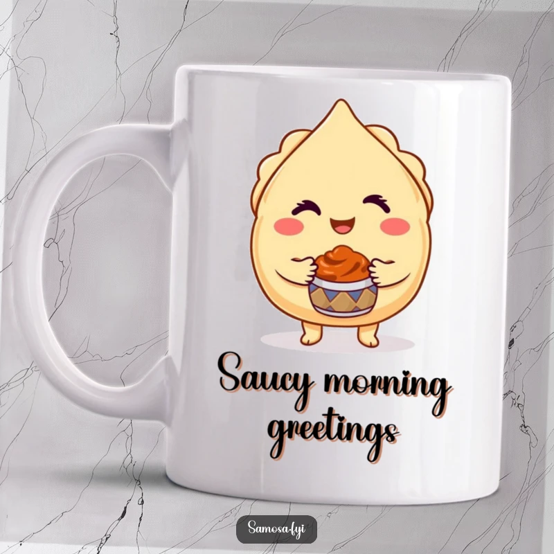 Funny Winking Samosa Mug shows a charming samosa character winking and offering a miniature chutney pot, celebrating Indian snacks.