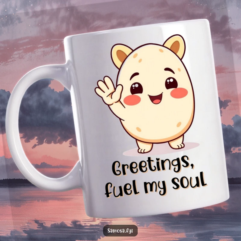 Funny Samosa Mug featuring a smiling animated samosa character giving a cheerful salute, perfect for spice lovers and funny gift seekers.