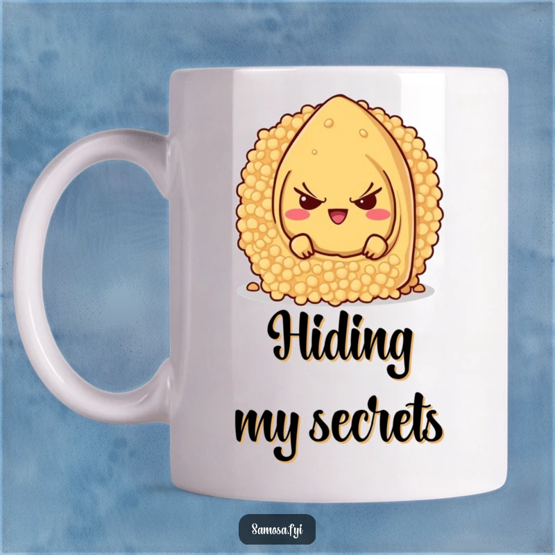 Funny samosa character with a mischievous grin, hiding behind a giant couscous grain, on a humorous mug.