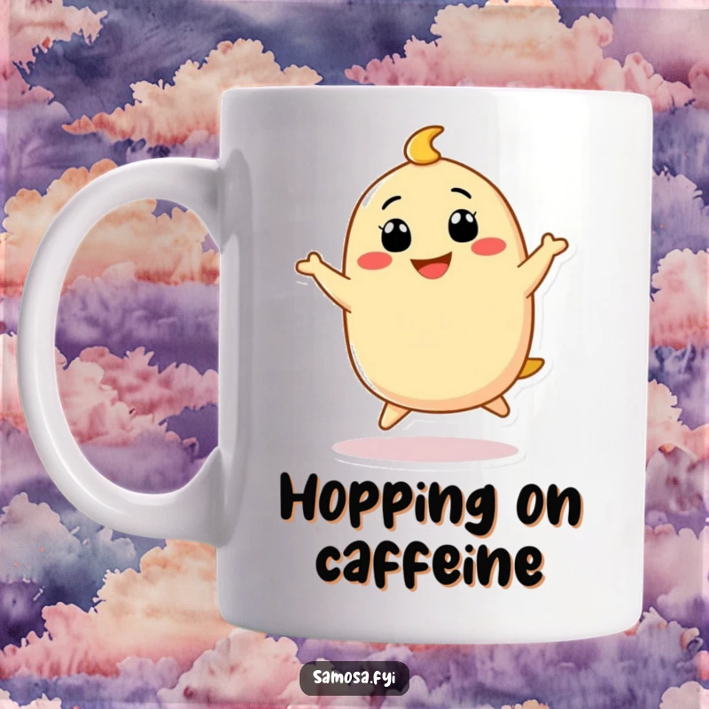 Funny Samosa Mug showing a cute samosa character doing a funny little hop with a big grin, radiating pure joy.