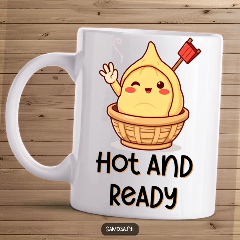 Funny samosa character giving a cheerful wave, emerging from a steaming basket, on a humorous mug.