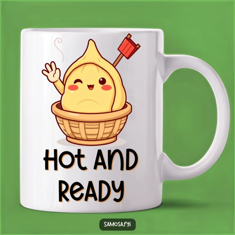 Funny Samosa Hello Mug - Cheerful Steaming Cartoon Character Gift