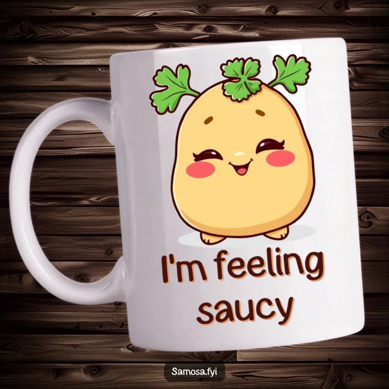 Funny mug showcasing a mischievous samosa winking playfully while wearing a jaunty parsley hat.
