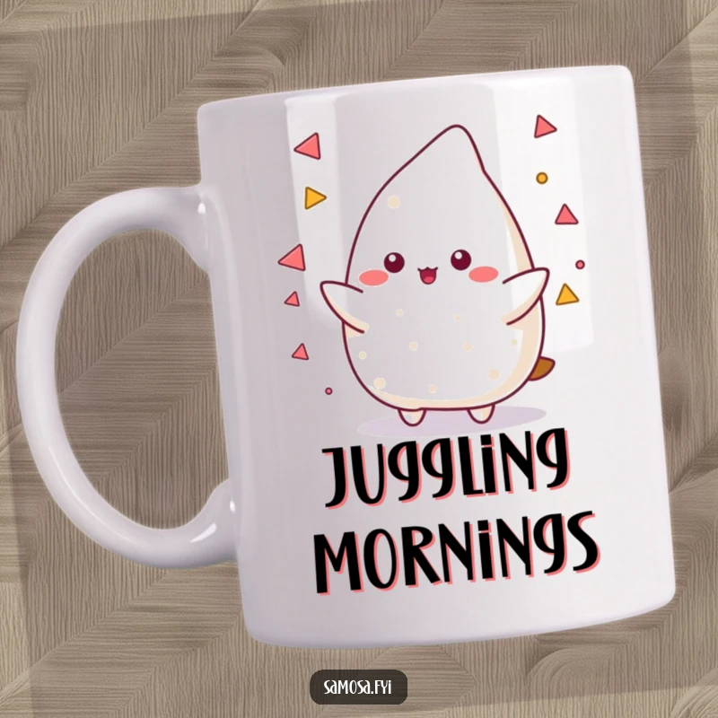 Funny Samosa Mug showing a samosa character skillfully juggling small triangular shapes, representing multitasking and playful chaos.