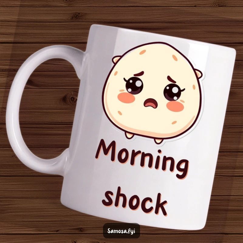 Funny Startled Samosa Mug: A samosa character with comically wide eyes, expressing pure shock and surprised amusement.
