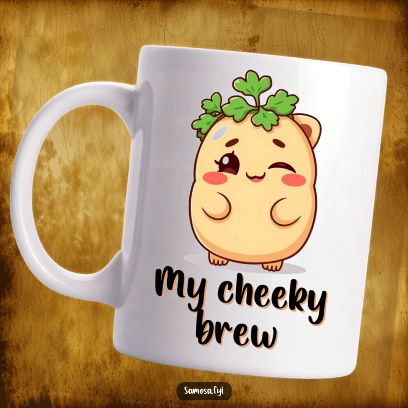 Funny Samosa Wink Mug with a samosa wearing a parsley hat and winking, a mischievous and humorous design for a funny gift.